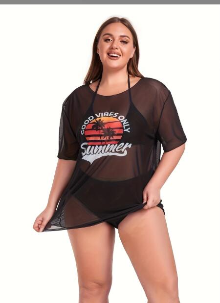 Plus Size Women Mesh Cover-up See-Through Sexy Bikini Swimwear 3Piece